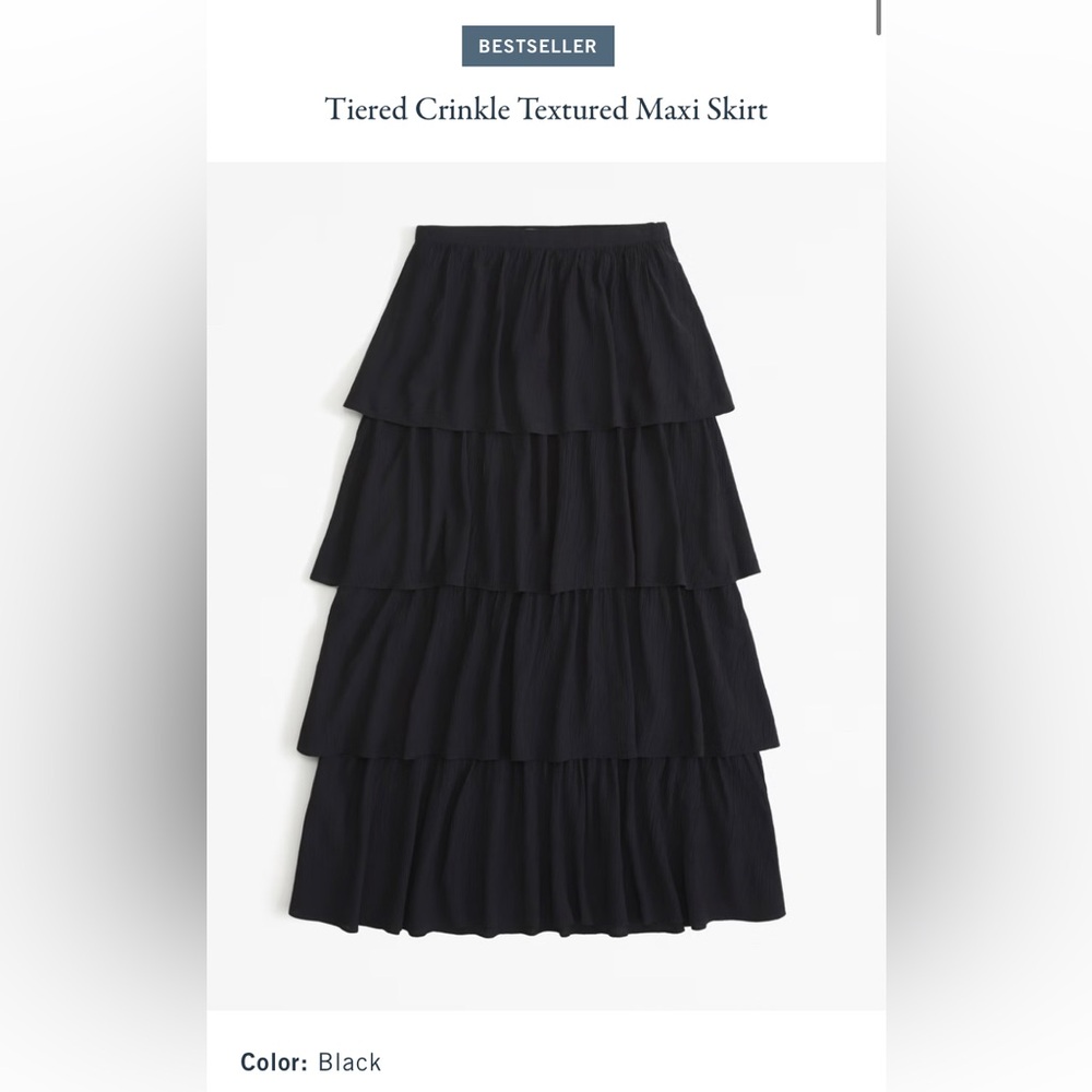 NWT Abercrombie & Fitch Tiered Crinkle Textured Maxi Skirt, Black